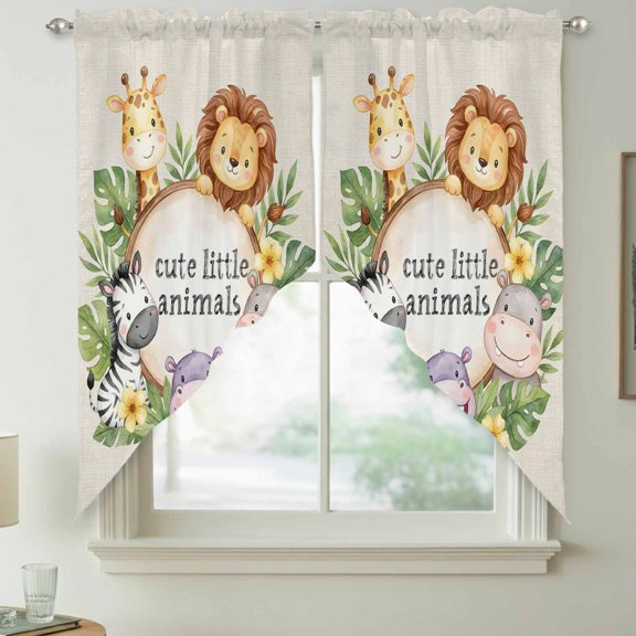 Retro Animal Swag Valances for Windows, Cute Lions Zebras Giraffes Green Leafs Linen Rod Pocket Short Curtains, Machine Washable Kitchen Window Topper for Bathroom Living Room, 28 x 36 Inch, 1 Pair