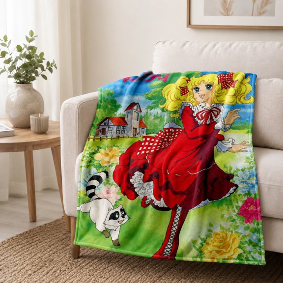 Retro Anime-Inspired Fleece Throw Blanket, Soft Polyester Sofa Blanket