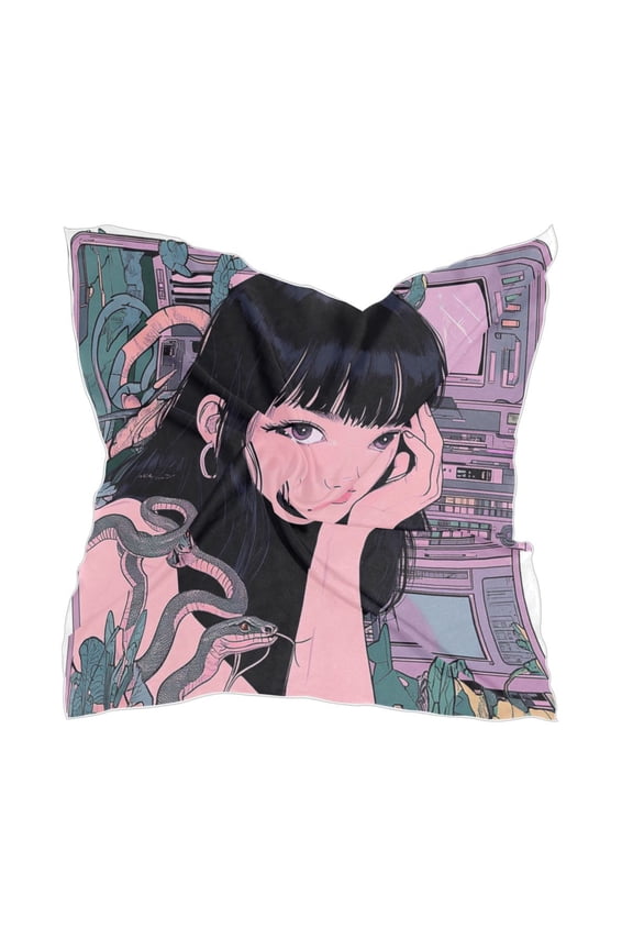 Retro Anime Style Girl Women's Fashion Soft Scarf Square Satin Head Scarf Neck Scarf Head Hair Wraps