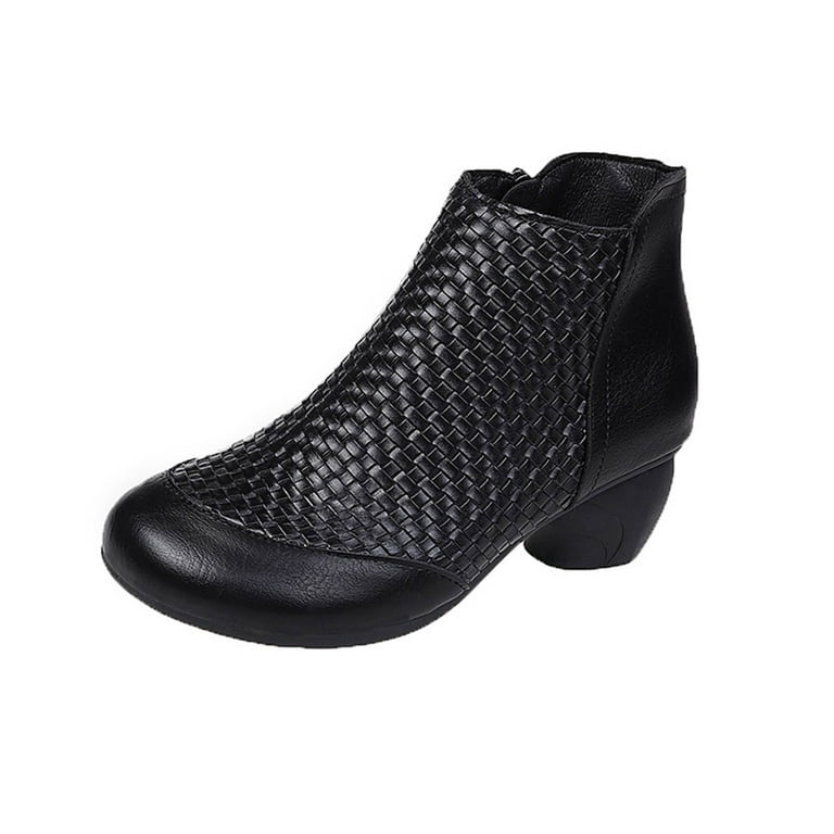 Retro Ankle Boots for Womens US Woven Round Toe Chunky Heel Flat