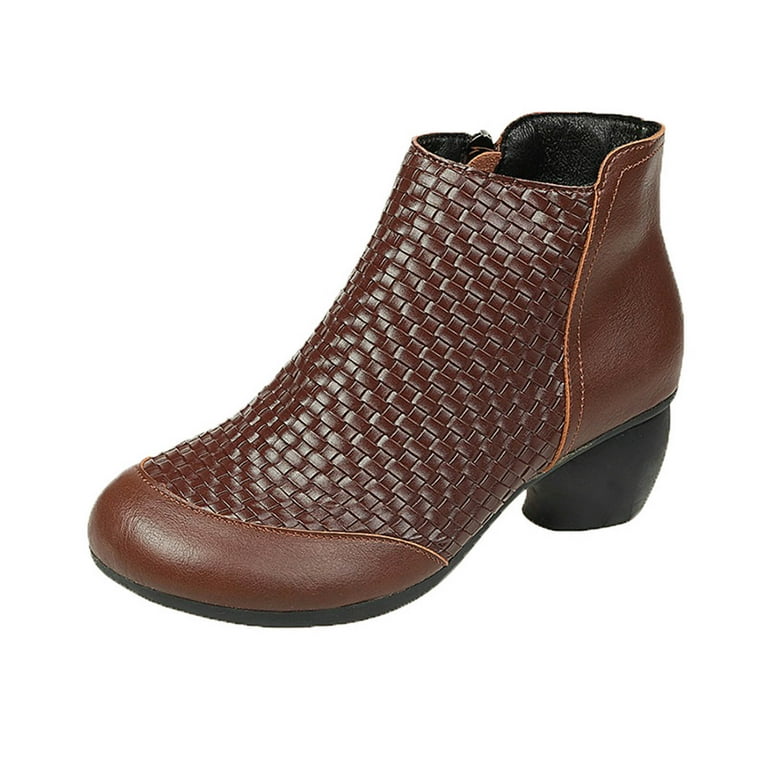 Retro Ankle Boots for Womens US Woven Round Toe Chunky Heel Flat