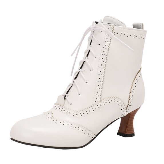 Retro Ankle Boots for Women Victorian Lace Up Mid Heel Almond Toe
