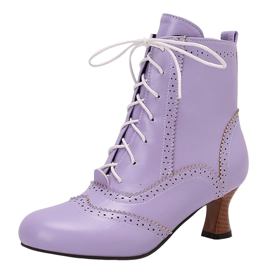 Fukaraa Retro Boots for Women Lace Up Ankle Mid Heel Almond Toe Victorian