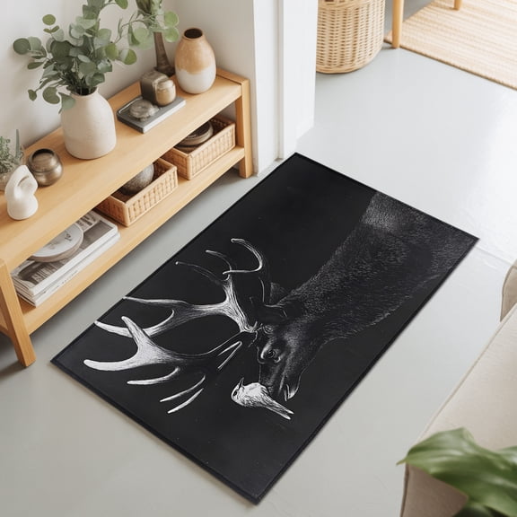 Retro Antelope Bird on Black Rectangle Rug 2'x3' Vintage Abstract Animal Washable Area Rugs for Living Room Bedroom Entryway Non Slip Entrance Door Mat Indoor Floor Carpet