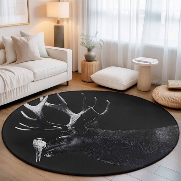 Retro Antelope Bird on Black Round Rug 5ft Vintage Abstract Animal Washable Area Rugs for Living Room Bedroom Entryway Non Slip Entrance Door Mat Indoor Floor Carpet