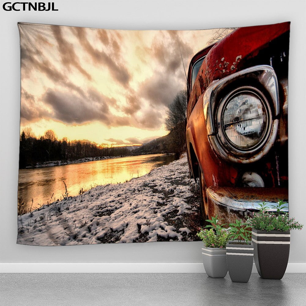 Retro Antique Car Tapestry Wall Hanging Photography Style Mountain Landscape Home Living Room