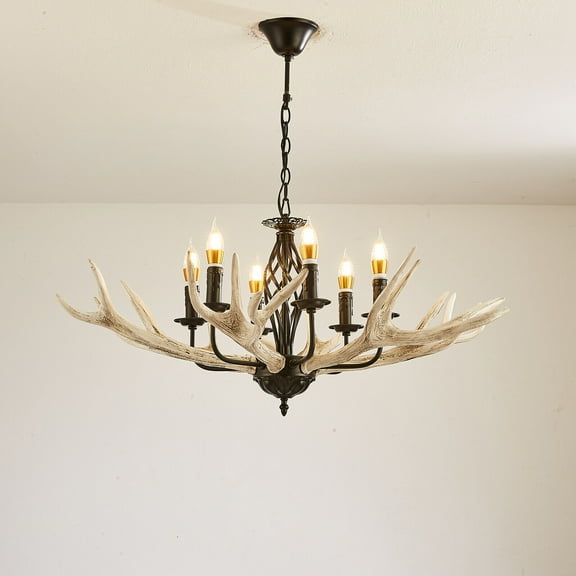 Retro Antler Chandelier 6-Light Deer Horn Restaurant Dining Pendant Lamp Resin