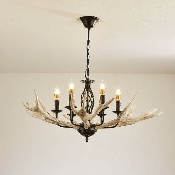 Retro Antler Chandelier 6-Lights Deer Horn Restaurant Dining Pendant Lamp Resin