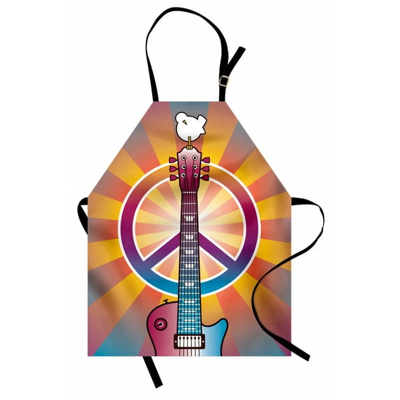 Retro Apron Colorful Guitar and Peace Symbol and Dove Dedicated to the Woodstock Artsy Tribute, Unisex Kitchen Bib Apron with Adjustable Neck for Cooking Baking Gardening, Multicolor, by Ambesonne