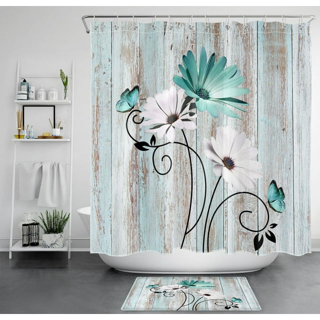 Retro Aqua Blue Floral Butterfly Shower Curtain