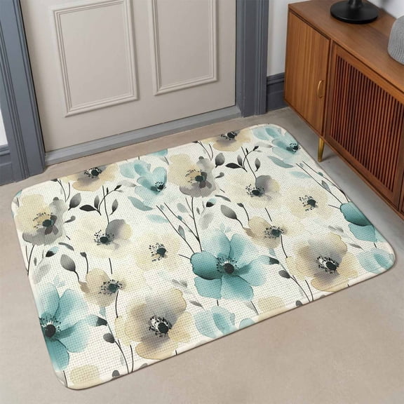 Retro Aqua Front Door Mat Indoor Entrance, Yellow Floral Watercolor Blossom Flowers Abstract Absorbent Dirt Resist Welcome Mats Non-Slip Low-Profile Doormat Washable Indoor Outdoor 17x30 Inch