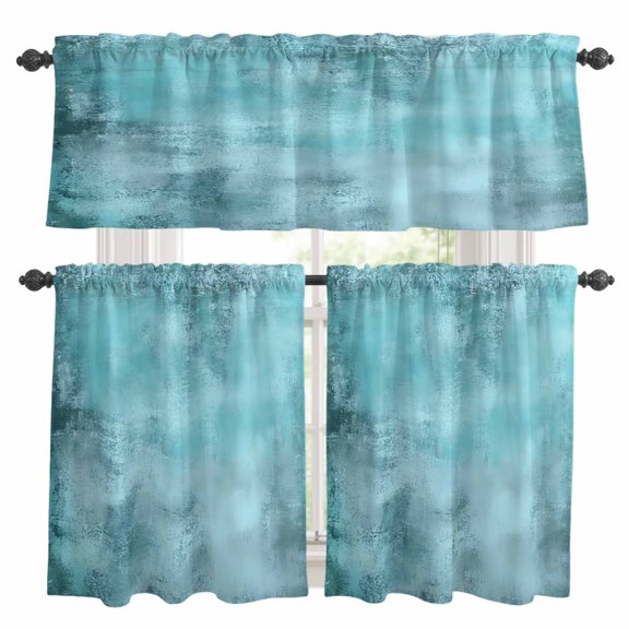 Retro Aqua Kitchen Curtains Valances and Tiers Set of 3 Gradient Watercolor Mottled Abstract Ombre Art Tier Curtains and Valance with Rod Pocket for Small Windows, 27.5"x36"