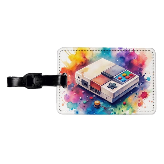 Retro Arcade Console System Watercolor Faux Leather Travel Luggage Tag