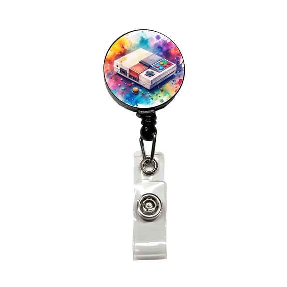 Retro Arcade Console System Watercolor Retractable Reel ID Badge Key Card Name Tag Holder with Clip