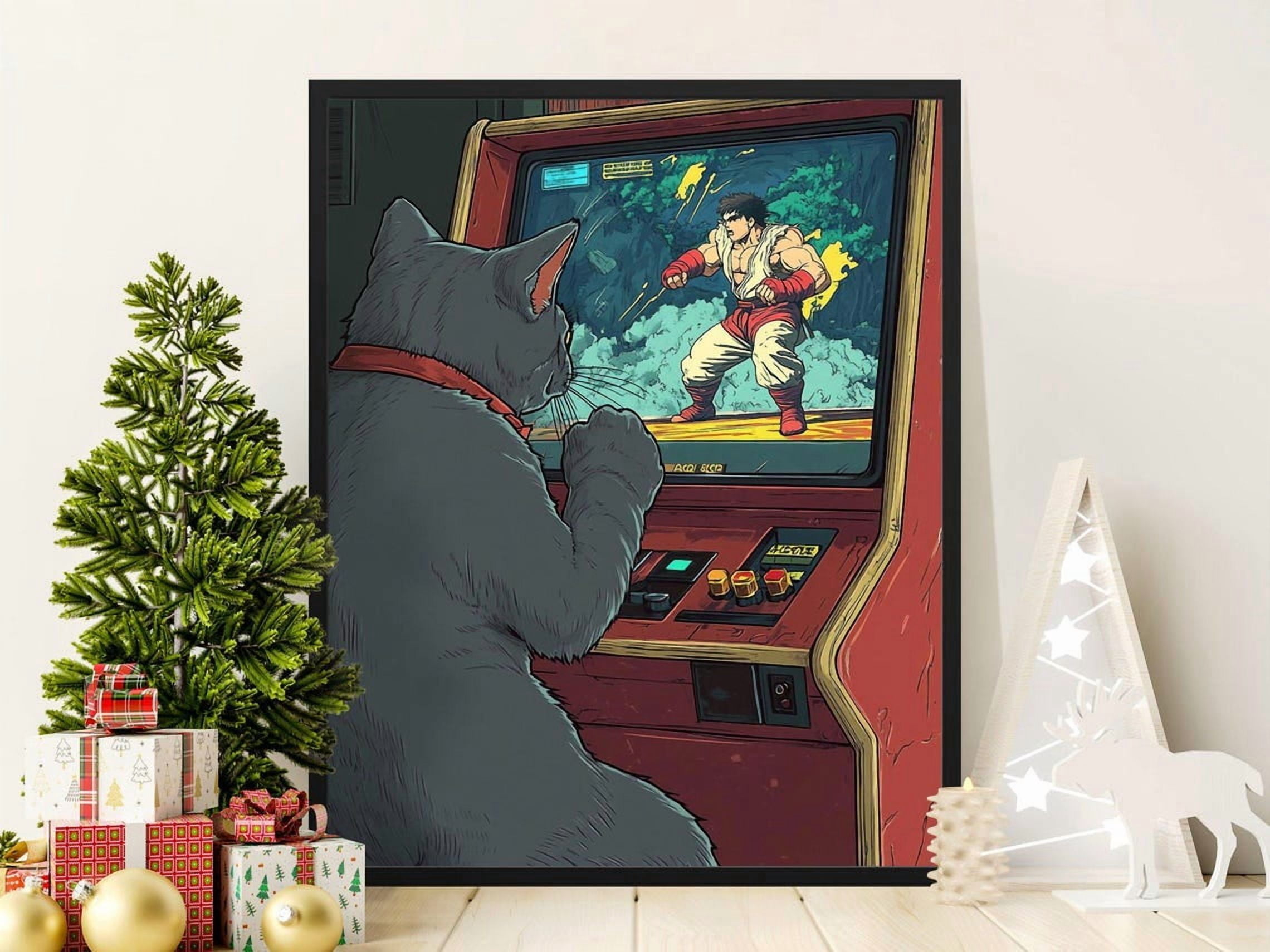 Retro Arcade Gaming Cat Wall Art Print, Vintage Video Game Feline And ...