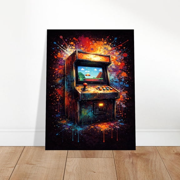 Retro Arcade Machine Poster, Vibrant Splatter Art Gaming Wall Decor, Pixel Realm & Joystick Artwork, Game Room Print, Poster Only