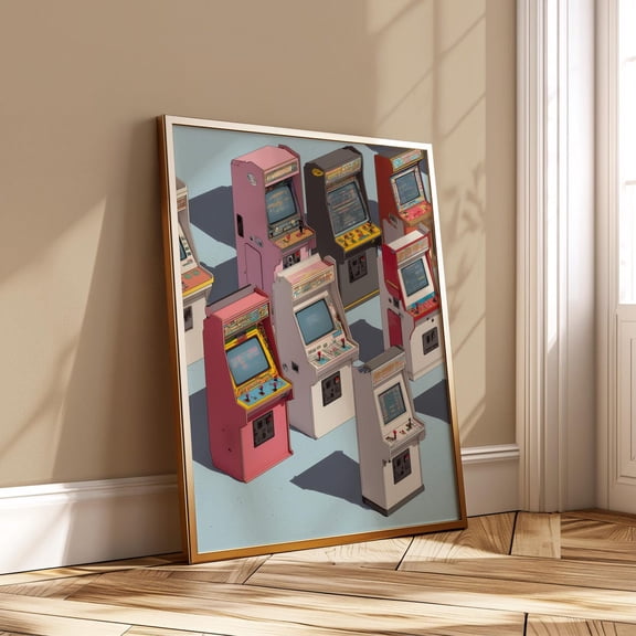 Retro Arcade Machines 80s Gaming Pastel Isometric Game Room Art, Unframed Paper Poster 8x10in
