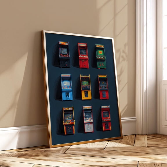 Retro Arcade Machines Pixel Art Vintage Gaming 80s Gamer Room Decor, Unframed Paper Poster 8x10in