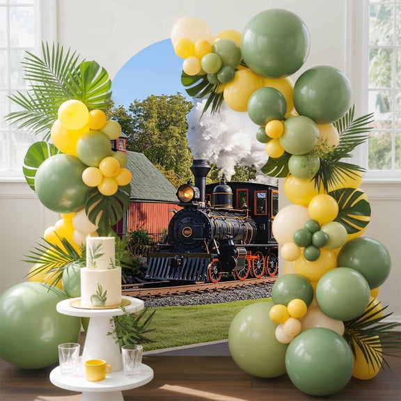 Retro Arch Backdrop Cover, 6.6FT, Train Motor Vehicle Building Sky Grass Country Scenery Spandex Arch Covers Double-Sided Backdrop for Wedding Birthday Party Photo Background Decoration