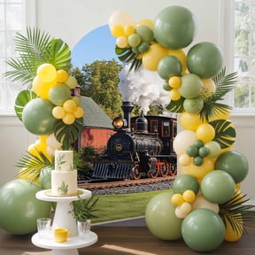 Retro Arch Backdrop Cover, 7.2FT, Train Motor Vehicle Building Sky Grass Country Scenery Spandex Arch Covers Double-Sided Backdrop for Wedding Birthday Party Photo Background Decoration