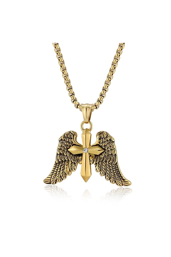 Retro Archangel Double Winged Cross Pendant Necklace Angel Wings 14K Yellow Gold Religious Prayer Christian Catholicism Necklace