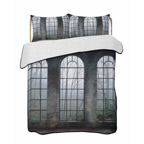Retro Arched Window Quilts Bedding Set California King Vintage Stone Wall Mystery Forests Fogs Lightweight Quilted Bedspread 3 Piece Bed Quilt with 2 Pillow Shams All Season for Bedroom 96" x 106"