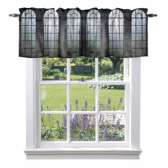 Retro Arched Window Valances for Windows Vintage Stone Wall Mystery Forests Fogs Rod Pocket Cafe Window Treatments Valance Curtains for Kitchen Bathroom Laundry Basement Windows 60"x18"