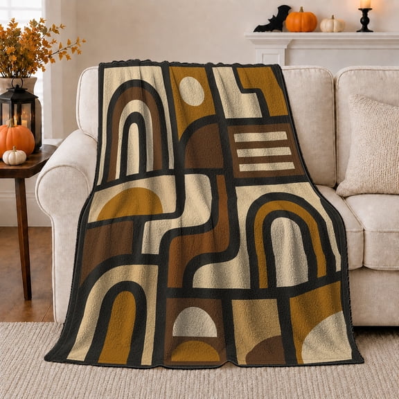 Retro Arches And Curved Geometric Color Blocks, Cozy Flannel Blanket with Retro Abstract Geometry Print, Housewarming Gift for Retro Design Enthusiasts, Home Decor for Bedroom and Living Room