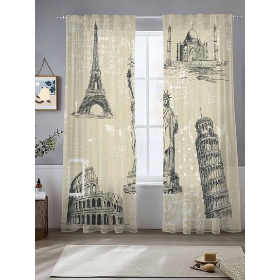 Retro Architectural Panorama Chiffon Sheer Curtains 84 Inches Long US Europe Landmarks on Khaki Rod Pocket Window Curtains Voile Drapes Curtains for Living Room Bedroom,2 Panels