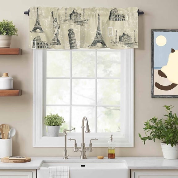 Retro Architectural Panorama Valances for Windows,Kitchen Valance Rod Pocket Short Curtain, US Europe Landmarks on Khaki Valance Curtain Window Valances for Bedroom Bathroom Living Room 54x18in