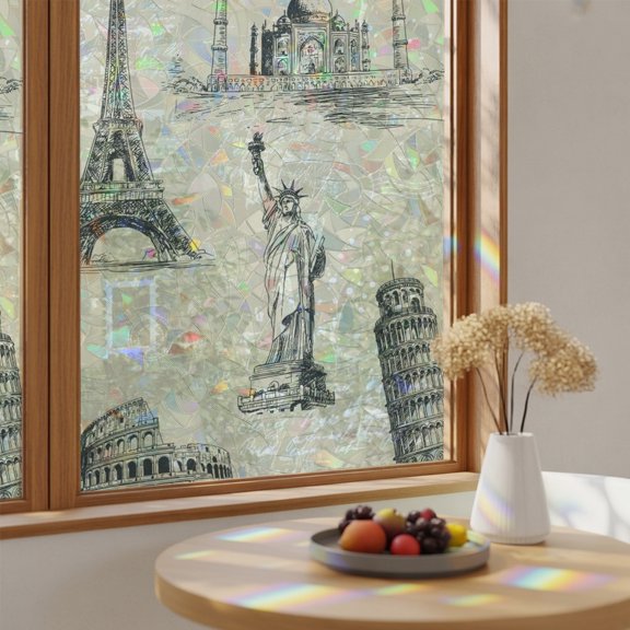 Retro Architectural Panorama Window Privacy Film,Heat Control Sun Blocking Static Cling Rainbow Film,US Europe Landmarks on Khaki Non-Adhesive Glass Sticker Door Window Tint,17.7" x 39.3"