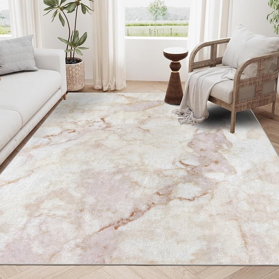 Retro Area Rug Living Room Rugs, Light Yellow Bedroom Rug Non Slip Non Shedding Washable Rug, Low Pile Soft Marble Floor Carpet for Kitchen Home Office Dinning Room-5' x 8'