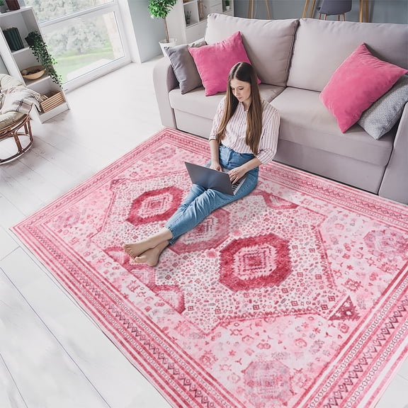 MUSICWAKER Contemporary Pink Vintage Rug Area Rug, 4' x 6', Non-Slip Backing