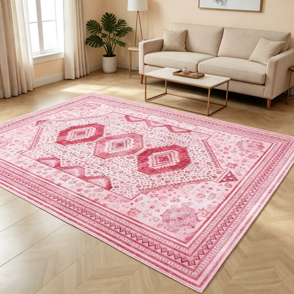 MUSICWAKER 4'x6' Pink Vintage Boho Area Rug, Machine Washable Low Pile Indoor Rug with Non-Slip TPR Backing for Living Room Bedroom Dining Room