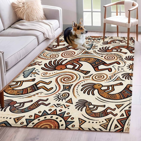 Retro Area Rugs 3x5 ft Abstract Tribes Man Playing Music Cartoon Vintage Washable Rug Non Slip Indoor Carpet Absorbent Floor Mat for Living Room Bedroom Dining Room