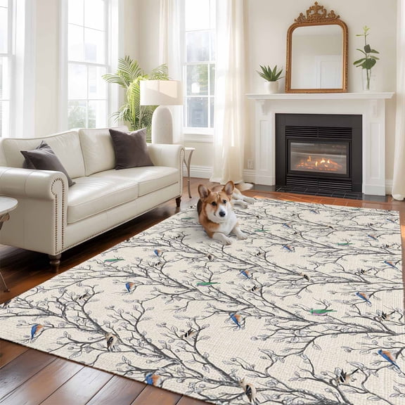 Retro Area Rugs 5x7 ft Nature Tree Branches Texture Colored Birds Rustic Linen Washable Rug Non Slip Indoor Carpet Absorbent Floor Mat for Living Room Bedroom Dining Room