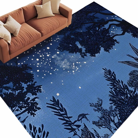 Retro Area Rug 5x8ft Starry Sky Night Forest Tree Shadows Pastoral Non-Slip Washable Square Rugs Soft Felt Indoor Floor Mat for Bedroom Kitchen Living Room Bathroom