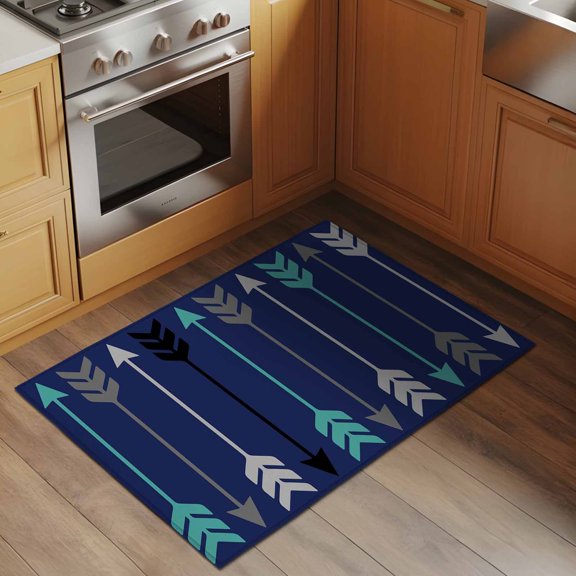 Retro Arrows 2x3 Rug for Entryway Front Door Kitchen Sink Area, Green Black Gray Arrows Blue Background Low Pile Washable Non Slip Rectangle Area Rug