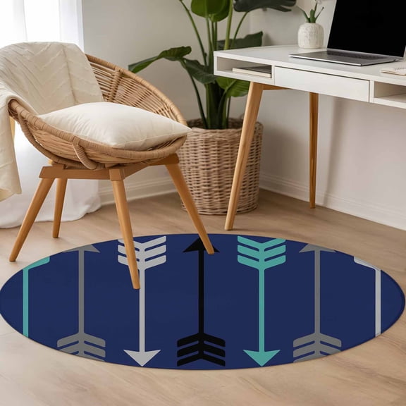 Retro Arrows 3.3ft Round Rug for Bedroom Reading Corner, Green Black Gray Arrows Blue Background Washable Non Slip Circle Area Rug