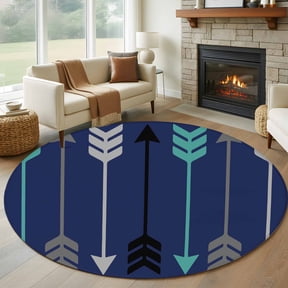 Retro Arrows 7ft Round Rug for Living Room Conversation Area, Green Black Gray Arrows Blue Background Washable Non Slip Large Circle Area Rug