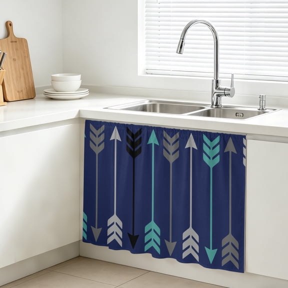 Retro Arrows Cabinet Curtains for Kitchen 10"W x 11"L, Green Black Gray Arrows Blue Background Under Sink Skirt Magic Tape Short Curtain Decorative Privacy Panel for Bathroom Laundry