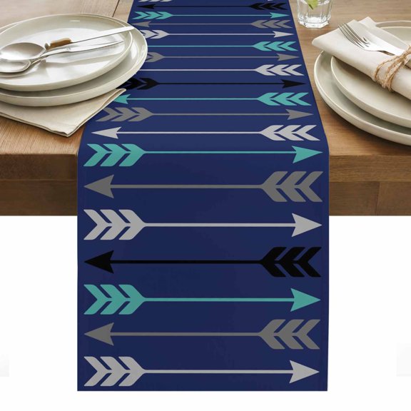 Retro Arrows Cotton Linen Table Runner Green Black Gray Arrows Blue Background Dining Table Runners for Home Decor Party Dining Room Restaurant Kitchen Party 13" x 60"