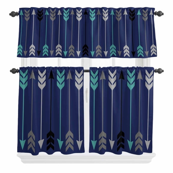 Retro Arrows Curtain Valances Set Green Black Gray Arrows Blue Background Kitchen Curtains 24 inch Length Rod Pocket Valance and Tiers 3 Piece Set Small Bedroom Bathroom Laundry Decor