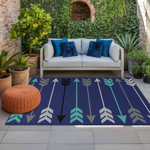 Retro Arrows Indoor Outdoor Rugs 4x6 Ft, Green Black Gray Arrows Blue Background Outdoor Patio Rugs Mat Washable Outside Area Rugs Carpet for Porch Deck RV Camping Pool Balcony Backyard