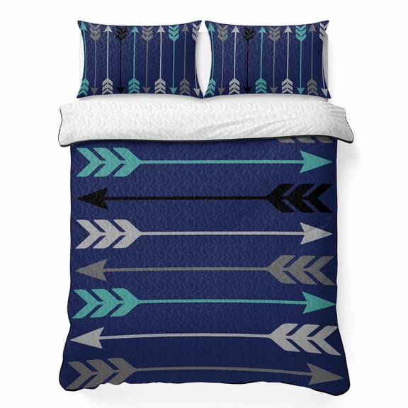 Retro Arrows Queen Quilt Bedding Set, Green Black Gray Arrows Blue Background Lightweight Comforter with 2 Pillow Shams Bedroom Bedspread Set Home Decor for All Seasons