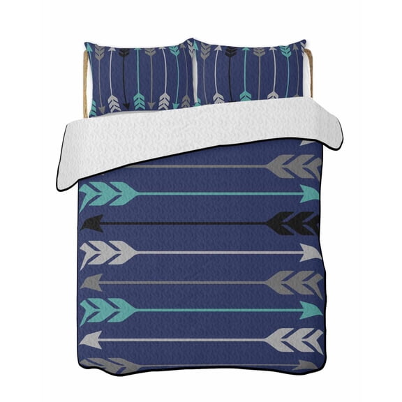 Retro Arrows Quilts Bedding Set California King Green Black Gray Arrows Blue Background Lightweight Quilted Bedspread 3 Piece Bed Quilt with 2 Pillow Shams All Season for Bedroom 96" x 106"