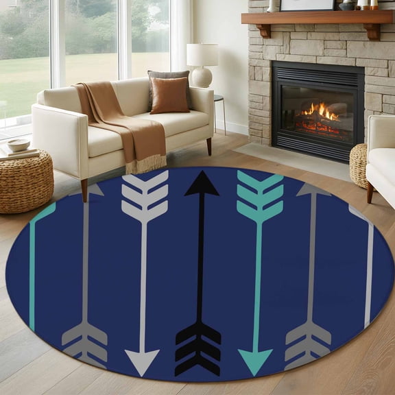 Retro Arrows Round Living Room Rugs 7 ft, Green Black Gray Arrows Blue Background Washable Area Rug with Non-Slip Sturdy Edge Binding Round Carpet for Kitchen Office Bedroom