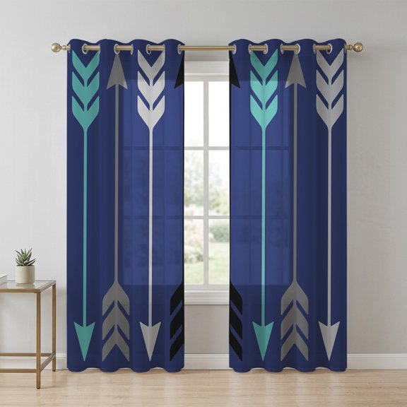 Retro Arrows Sheer Curtains 96 Inch Long 2 Panels, Green Black Gray Arrows Blue Background Light Filtering Semi Sheer Drapes Grommet Voile Window Curtain for Living Bedroom W52 x L96