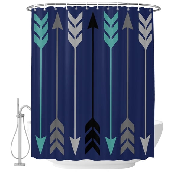 Retro Arrows Shower Curtain for Bathroom, Green Black Gray Arrows Blue Background Waterproof Cloth Fabric Bathroom Accessories Set with 12 Rust Proof Plastic Hooks, 72"x96"