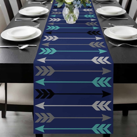 Retro Arrows Table Runner, Green Black Gray Arrows Blue Background Washable Cotton-linen Table Runners Dining Kitchen Decoration for Everyday Home Wedding Party Decor, 13 x 72 Inch